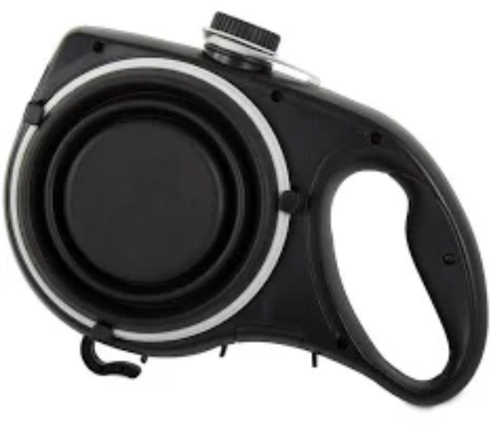 Laisse 5 en 1 pour chiens avec gourde intégrée + bol pliable et distributeur de sacs à déjections