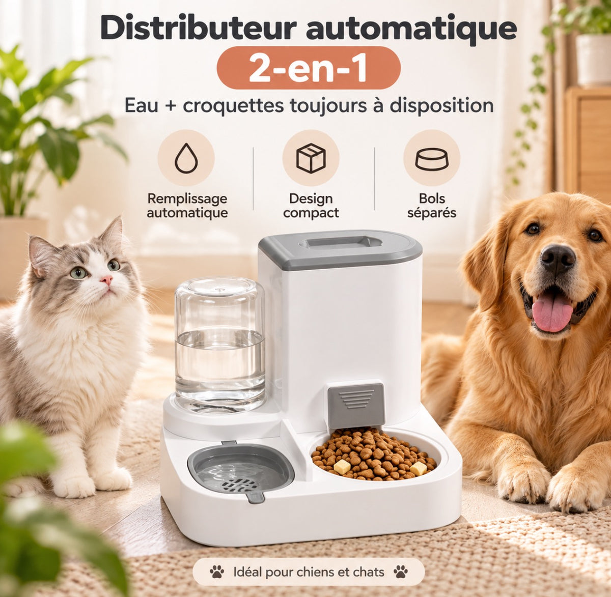 Combo distributeur de nourriture et d'eau pour chat, distributeur automatique pour animaux de compagnie, ensemble de bols détachables en acier inoxydable, récipient à nourriture pour chien facile à nettoyer