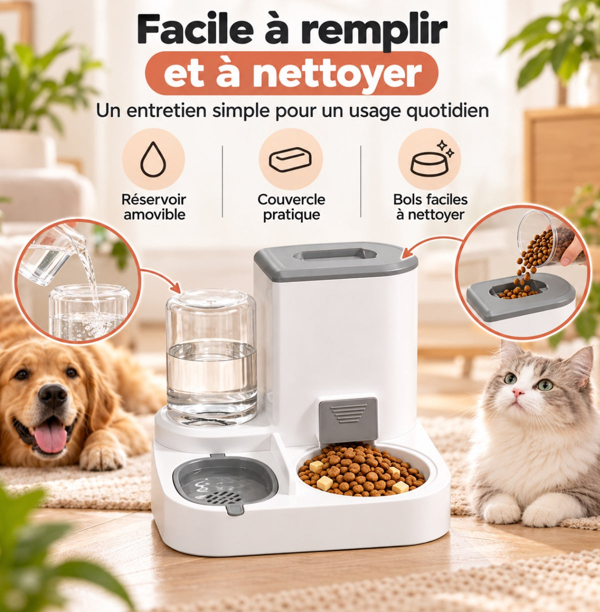 Combo distributeur de nourriture et d'eau pour chat, distributeur automatique pour animaux de compagnie, ensemble de bols détachables en acier inoxydable, récipient à nourriture pour chien facile à nettoyer